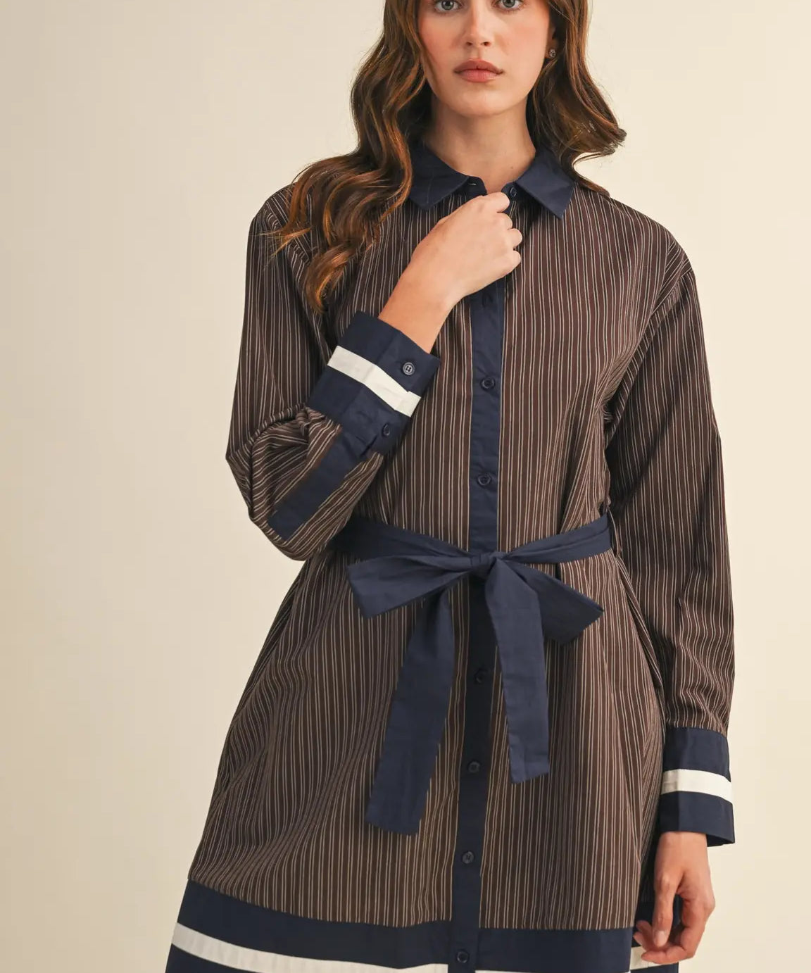 BUTTON DOWN TIE STRIPED MINI DRESS