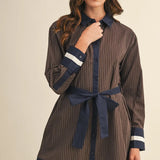 BUTTON DOWN TIE STRIPED MINI DRESS