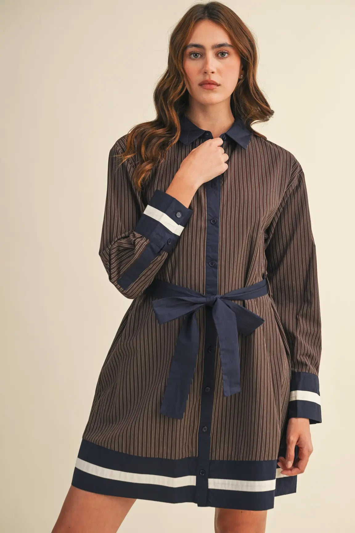 BUTTON DOWN TIE STRIPED MINI DRESS