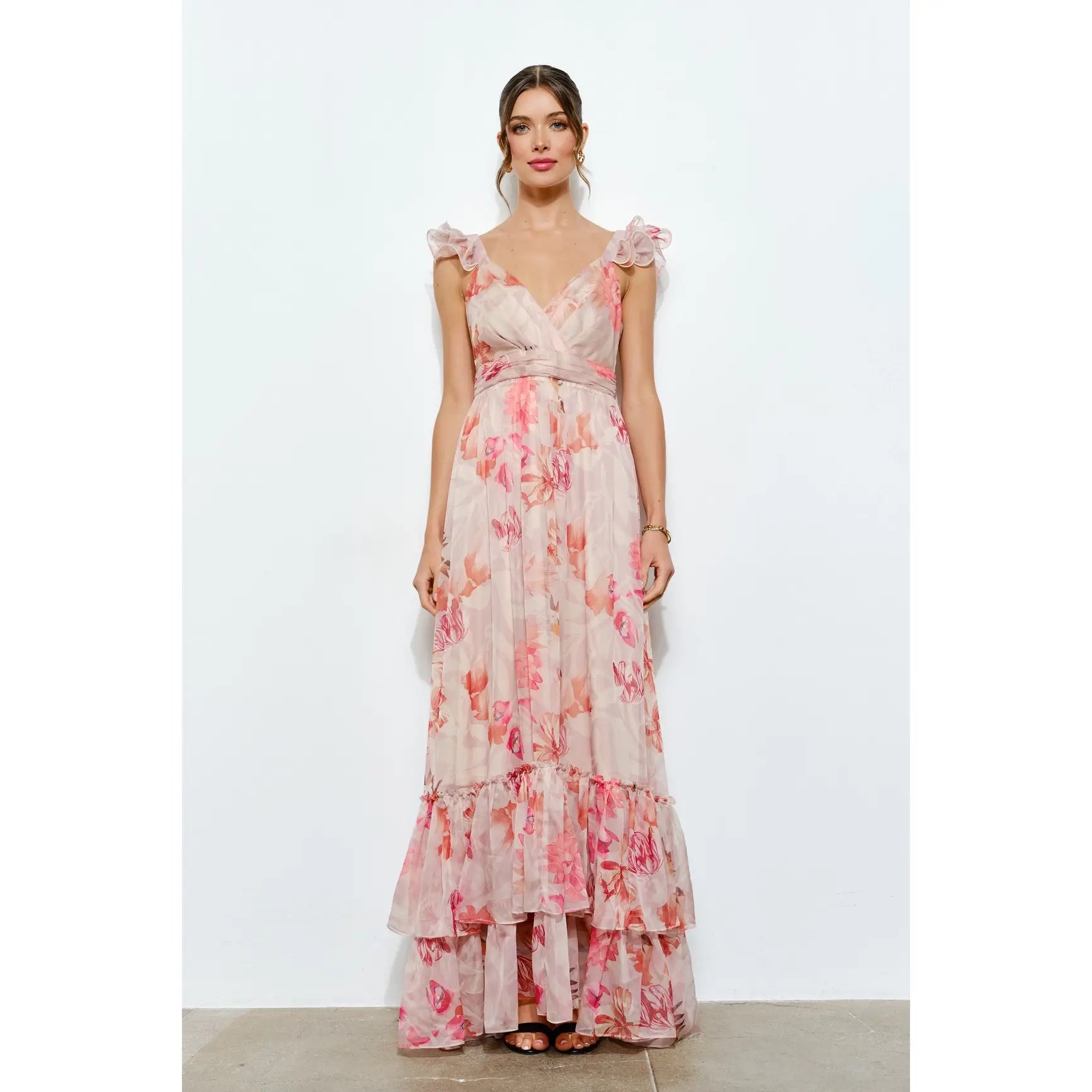 PEACH FLORAL SLVLESS MAXI
