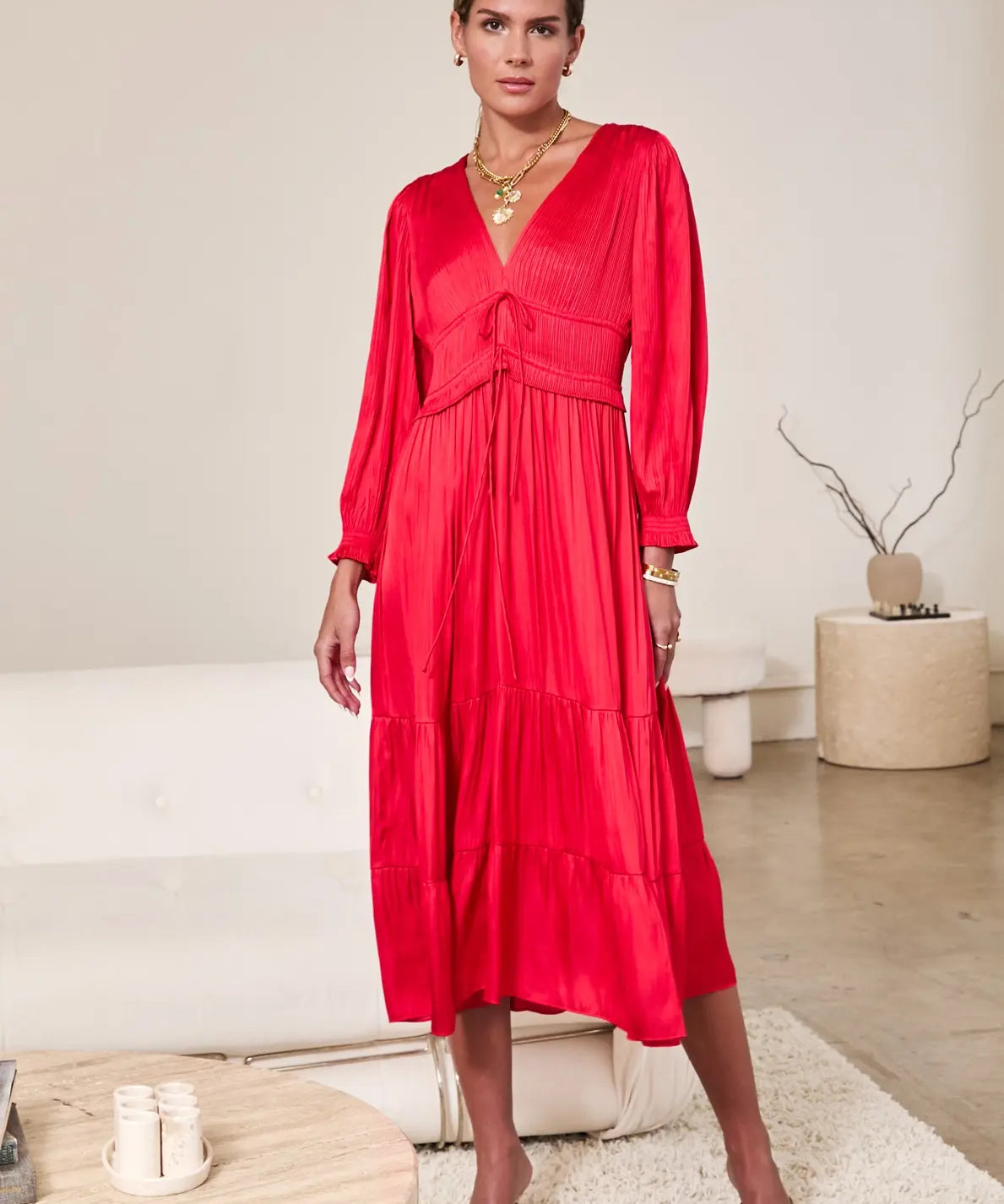 V NECK SATIN TIERED MIDI DRESS