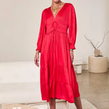 V NECK SATIN TIERED MIDI DRESS