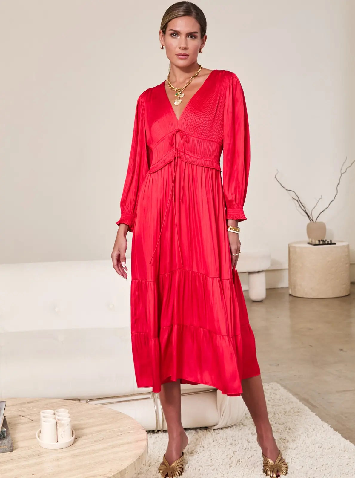 V NECK SATIN TIERED MIDI DRESS
