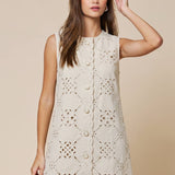 Pattern Embroidery Button Down Mini Shift Dress