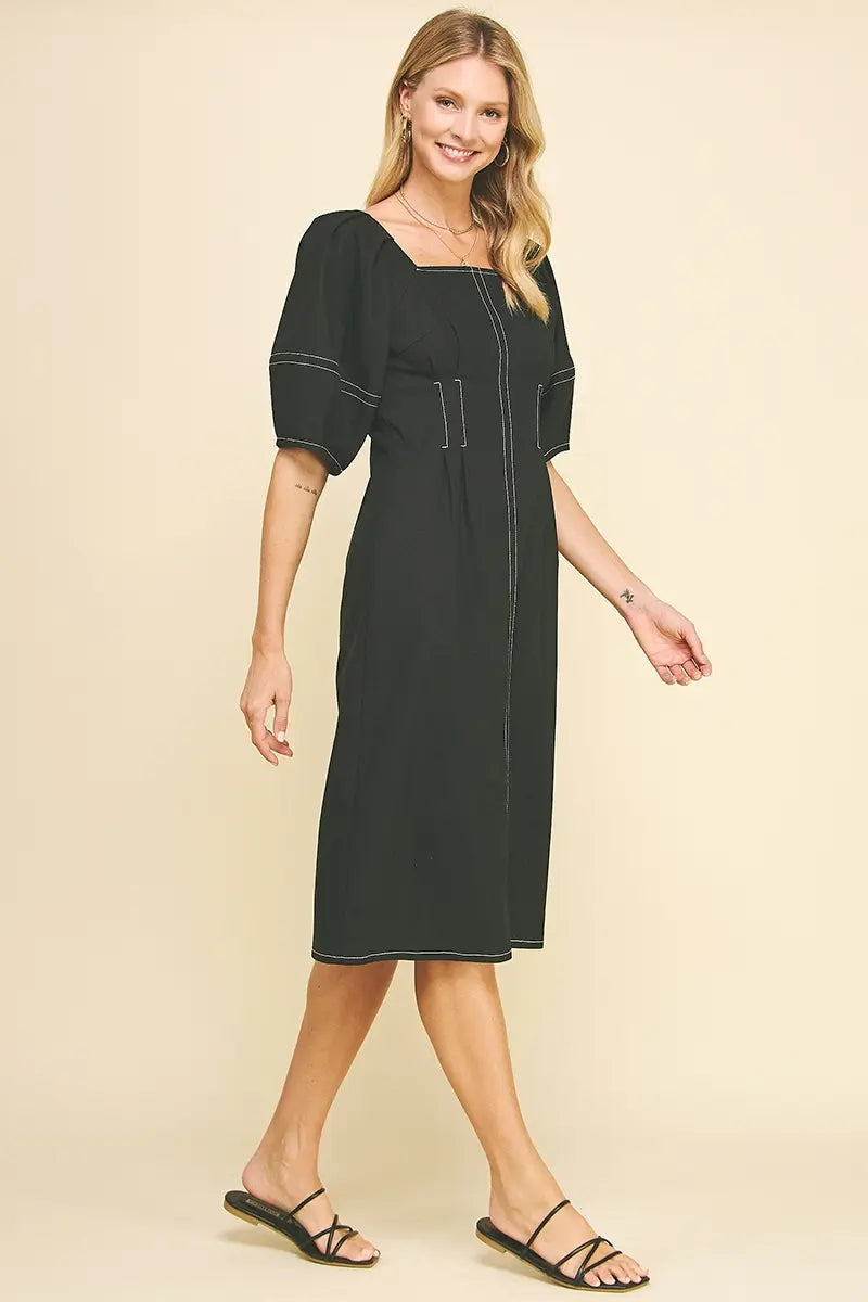 SQUARE NECK STITCH MIDI DRESS