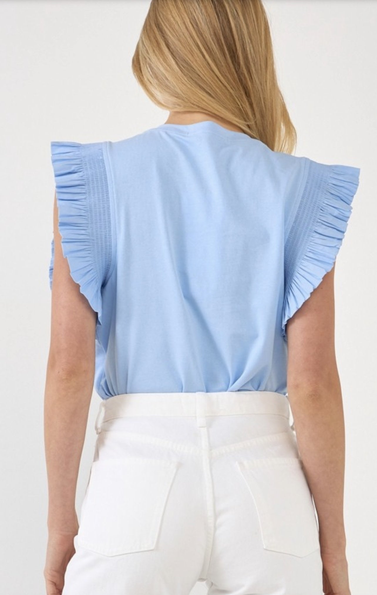 POPLIN KNIT RUFFLE SLEEVE TOP