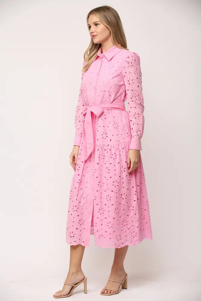 LAYTON BELTED BUTTON DOWN LACE MIDI DRESS