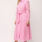 LAYTON BELTED BUTTON DOWN LACE MIDI DRESS