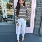 PEARL JEWELED SHOULDER STRIPED SWEATER