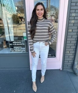 PEARL JEWELED SHOULDER STRIPED SWEATER