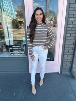 PEARL JEWELED SHOULDER STRIPED SWEATER