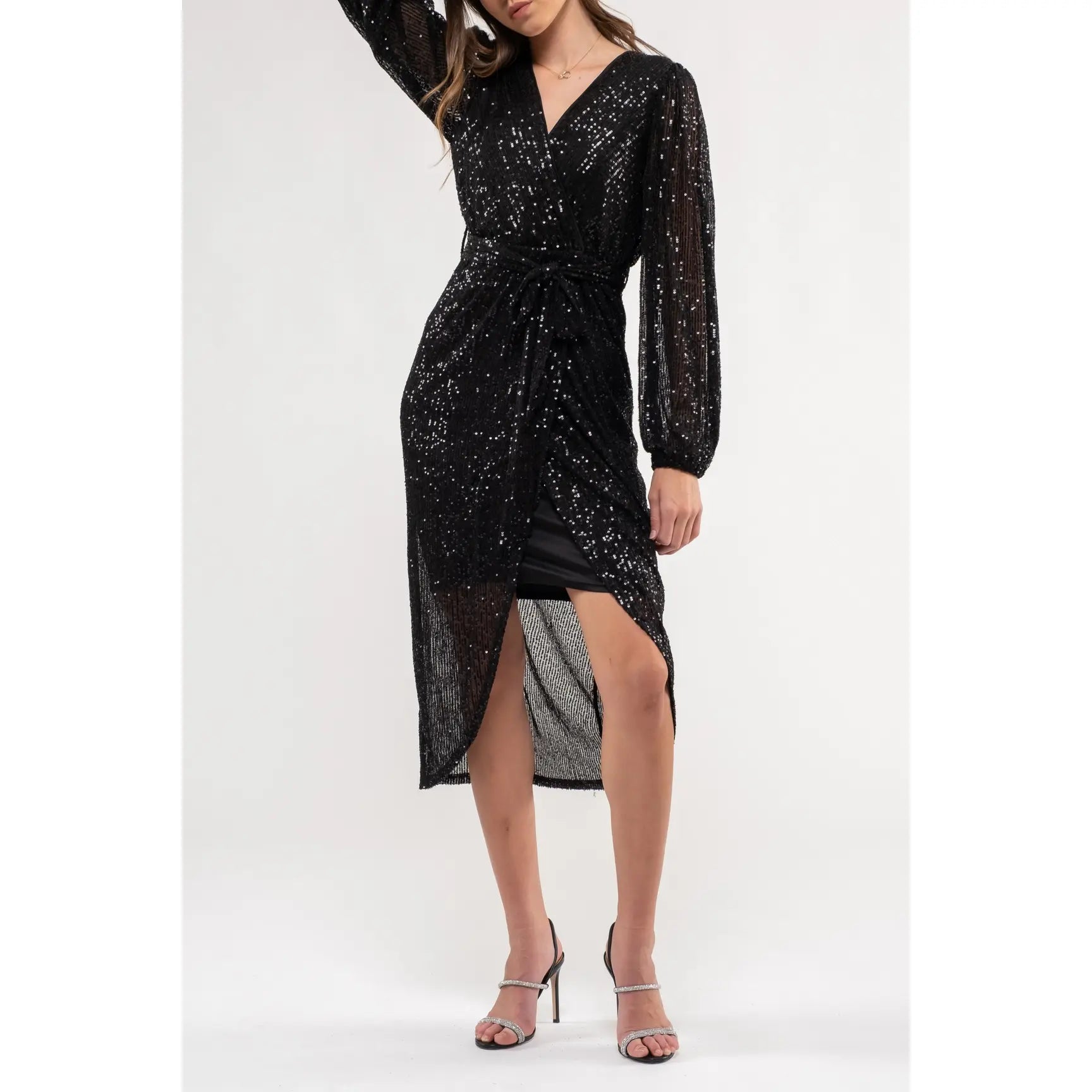 SEQUIN SURPLICE MIDI DRESS