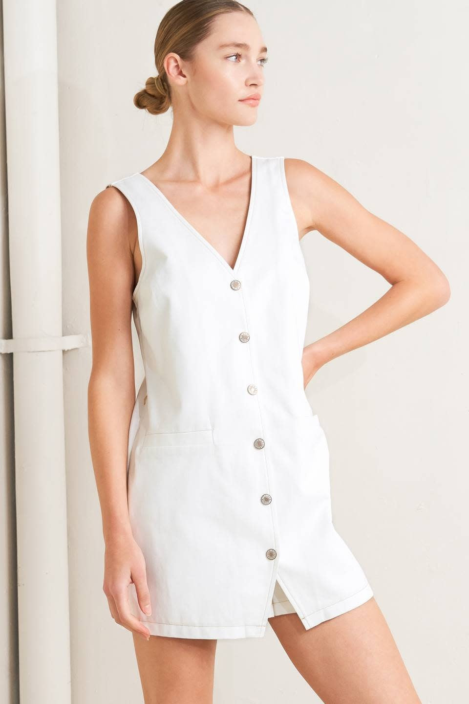 DENIM VNECK BUTTON UP ROMPER