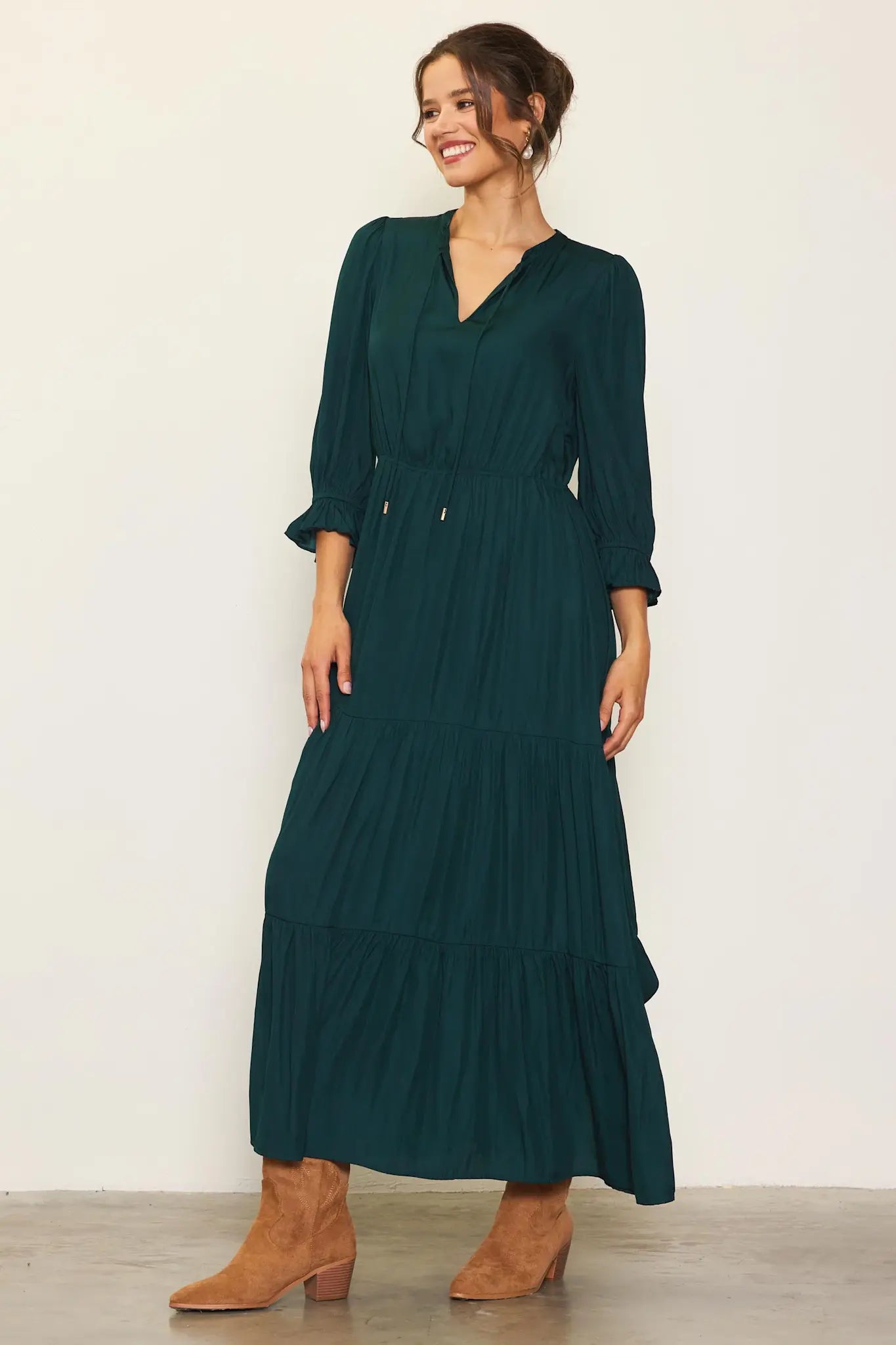 SPLIT NECK RUFFLE MAXI DRESS