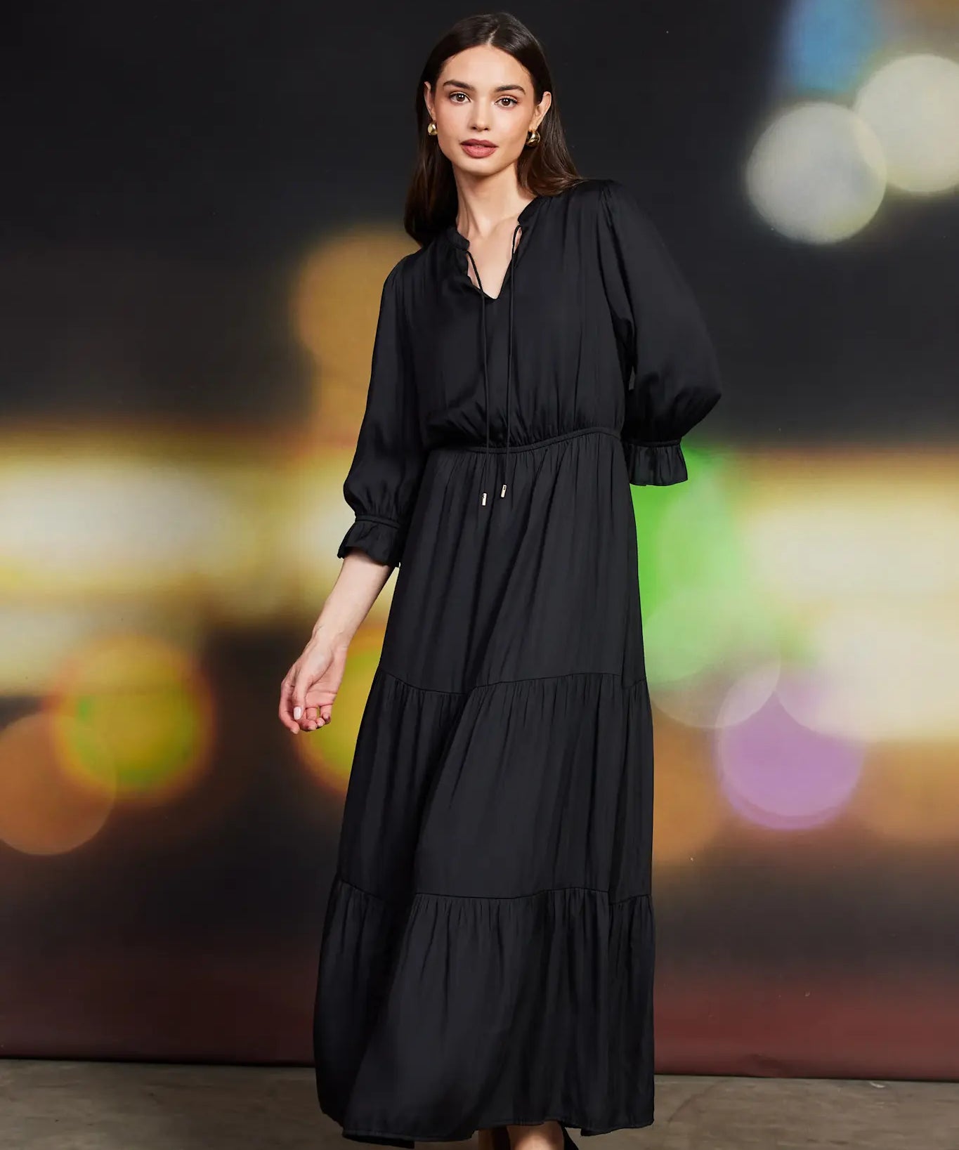 SPLIT NECK RUFFLE MAXI DRESS