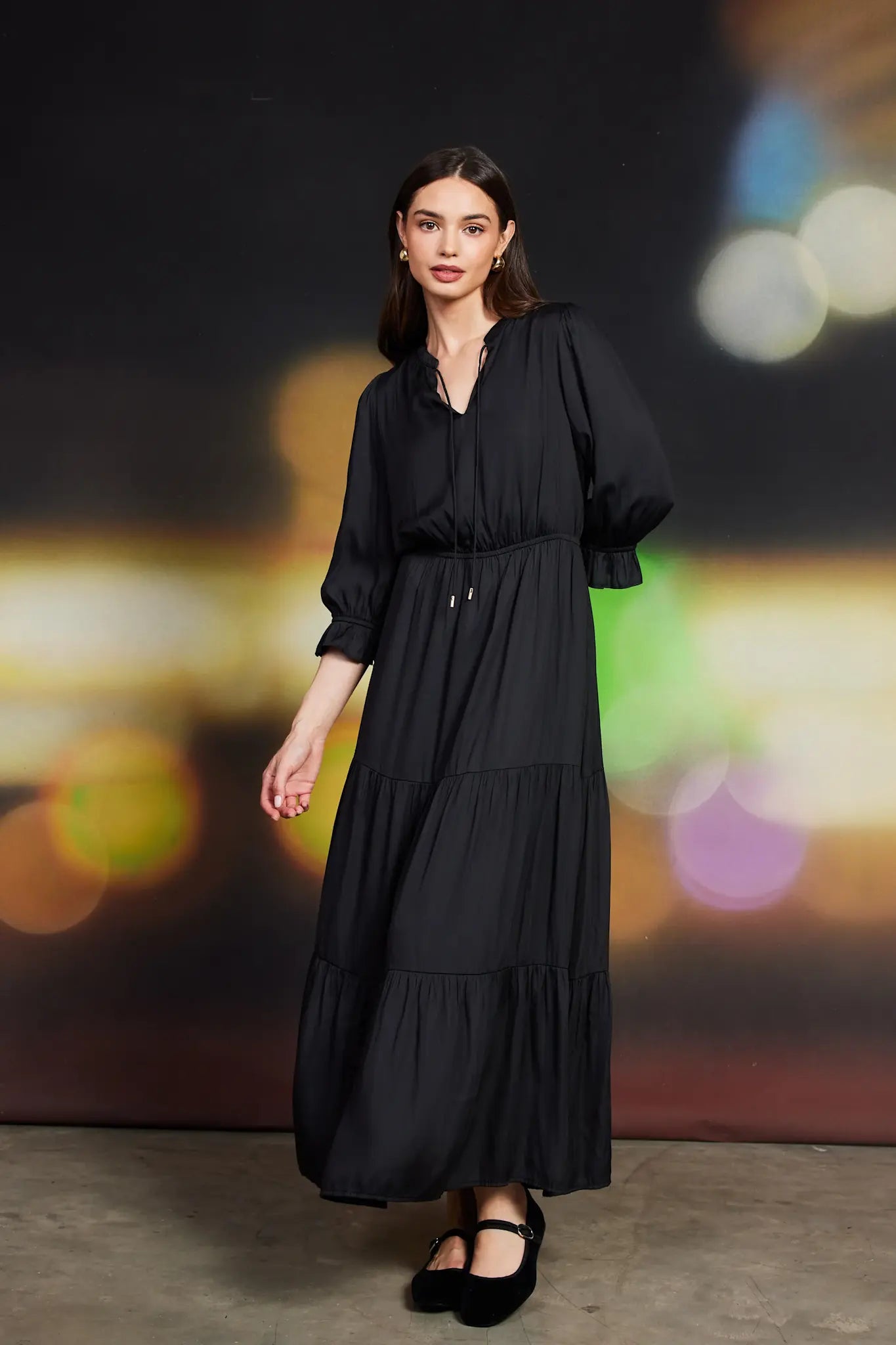SPLIT NECK RUFFLE MAXI DRESS