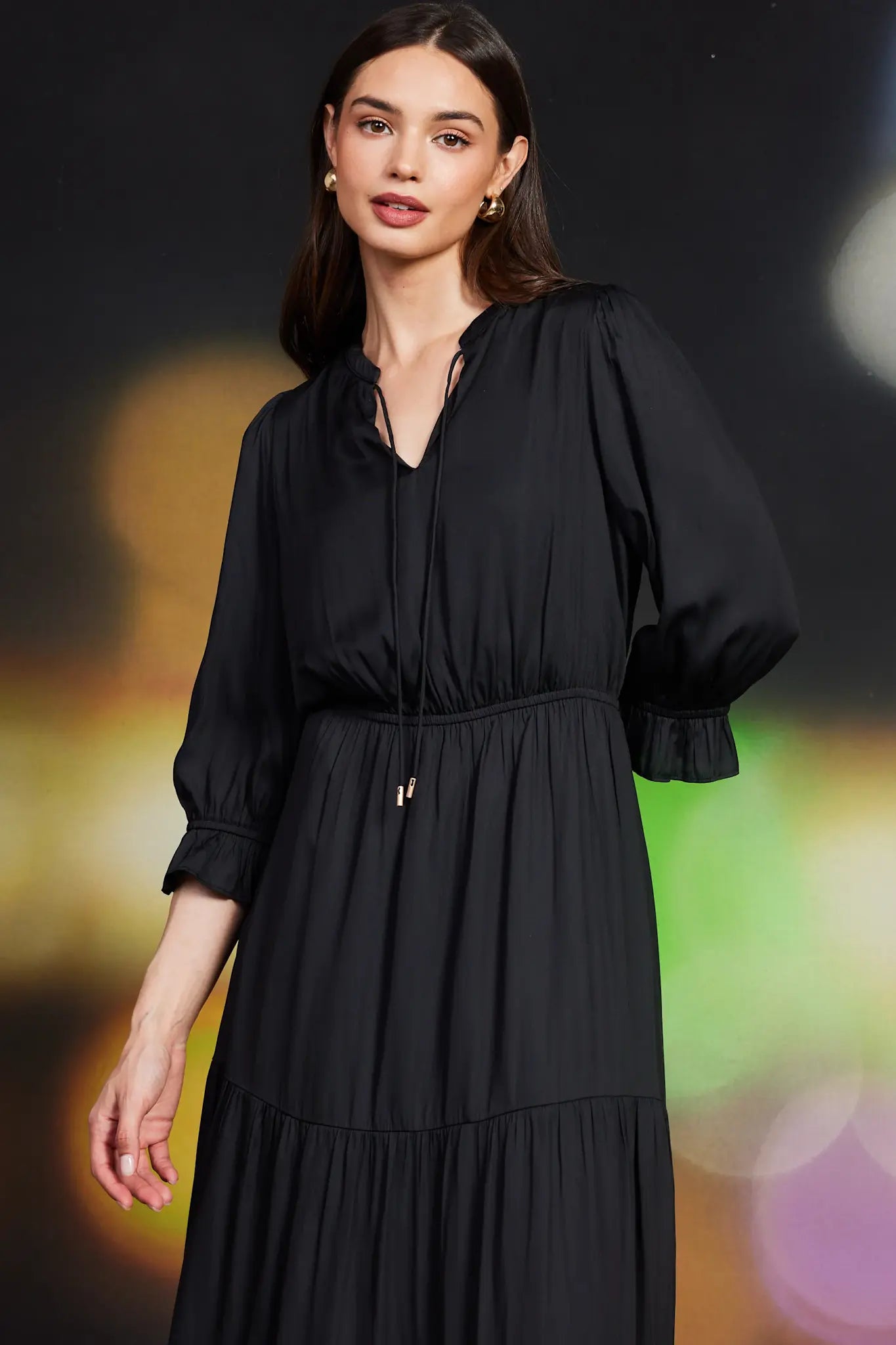 SPLIT NECK RUFFLE MAXI DRESS