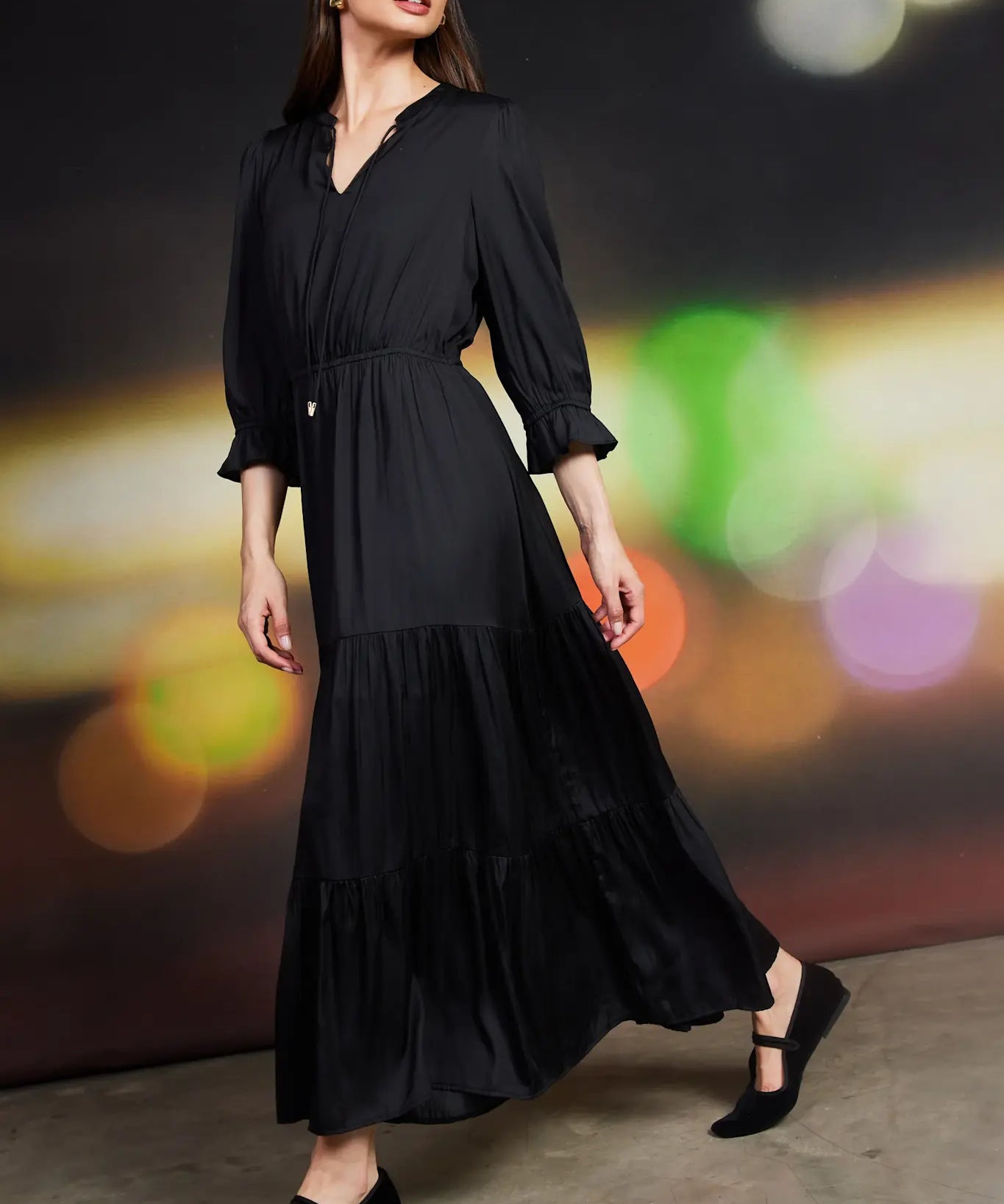 SPLIT NECK RUFFLE MAXI DRESS
