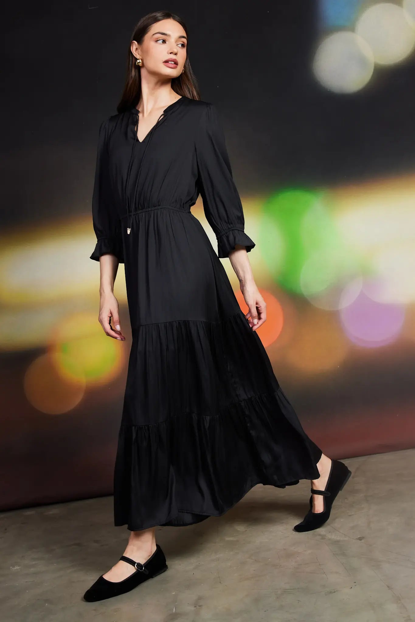 SPLIT NECK RUFFLE MAXI DRESS