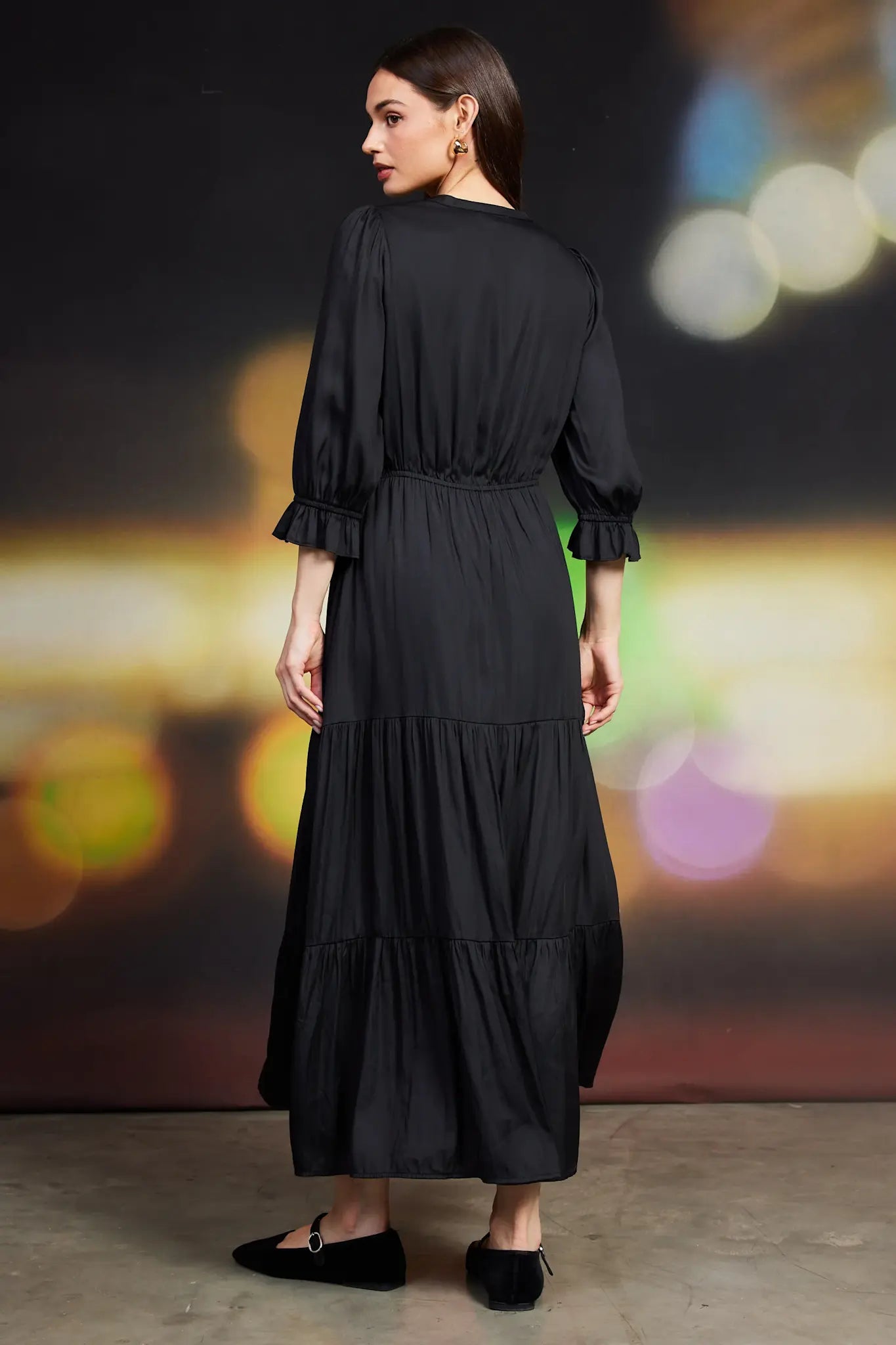 SPLIT NECK RUFFLE MAXI DRESS