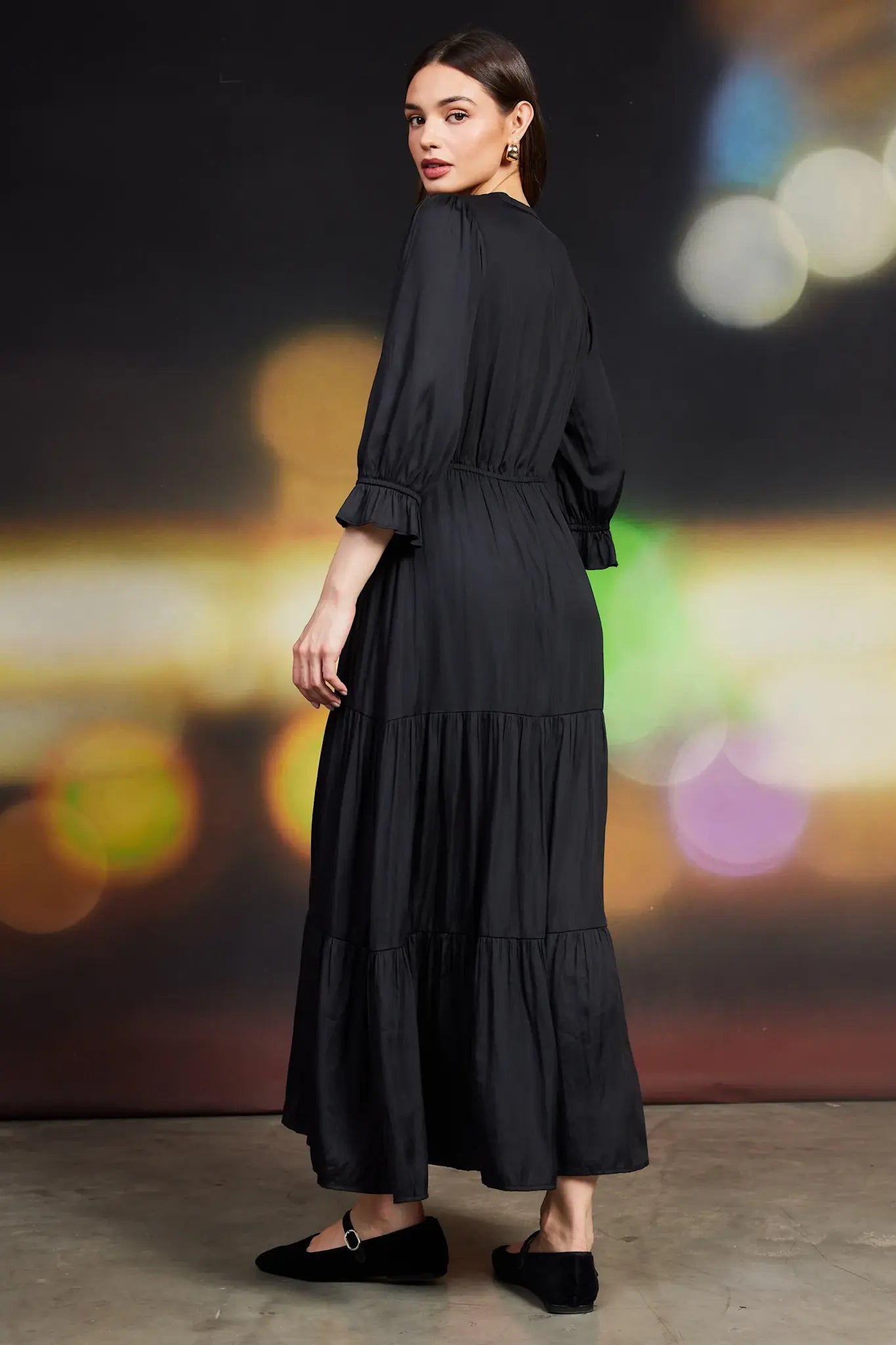 SPLIT NECK RUFFLE MAXI DRESS