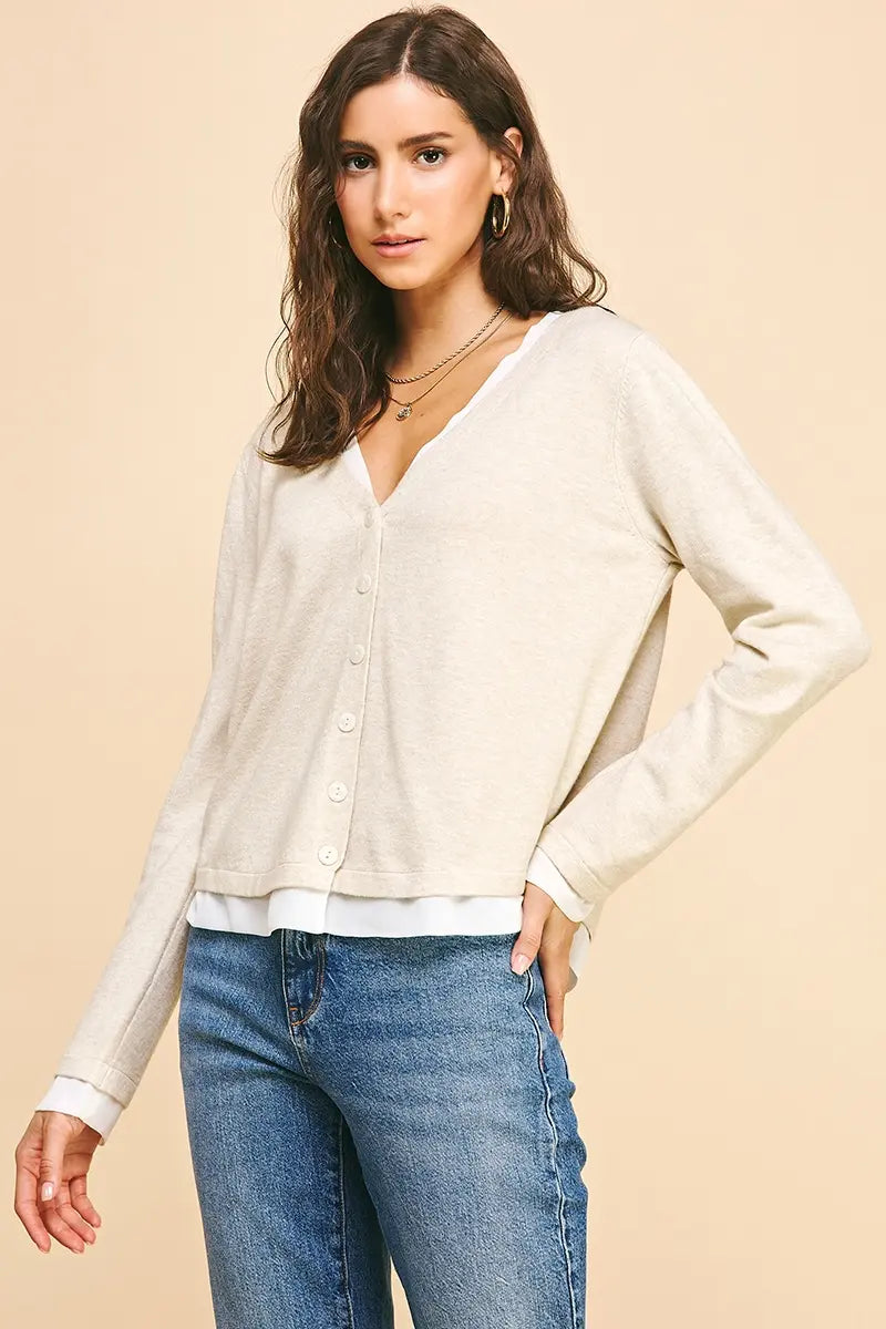 VNECK BUTTON DOWN COMBO TOP