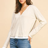 VNECK BUTTON DOWN COMBO TOP