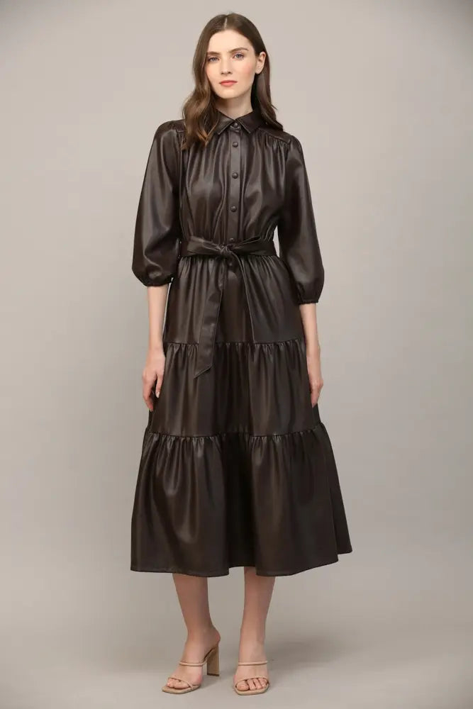 FAUX LEATHER TIERED MIDI DRESS