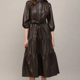 FAUX LEATHER TIERED MIDI DRESS