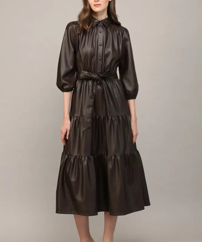 FAUX LEATHER TIERED MIDI DRESS
