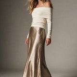 Beige Satin Bias Cut Midi Skirt