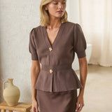 Ribbed Short Sleeve Cardigan with Gold Buttons