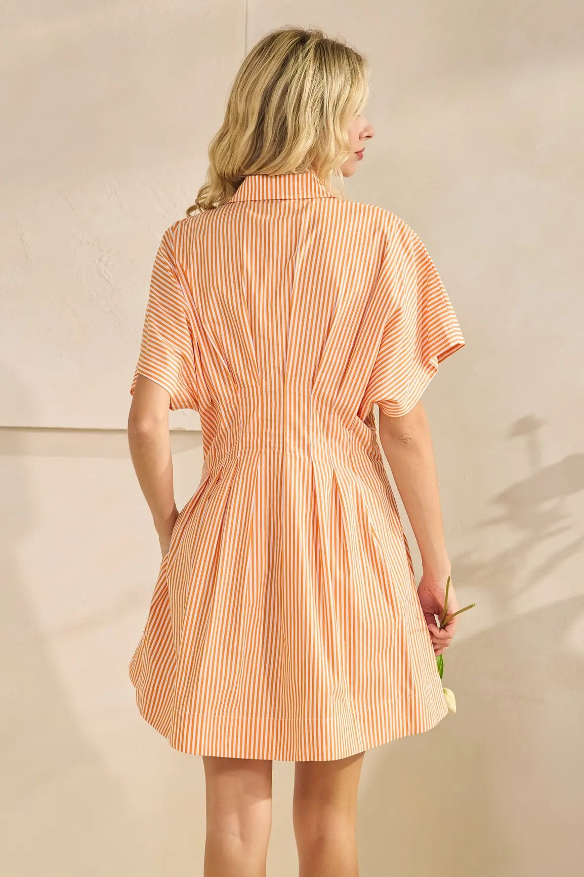 SSLV PLEATED STRIPE MINI SHIRT DRESS