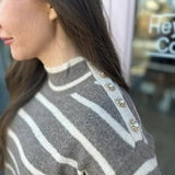PEARL JEWELED SHOULDER STRIPED SWEATER