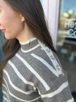 PEARL JEWELED SHOULDER STRIPED SWEATER