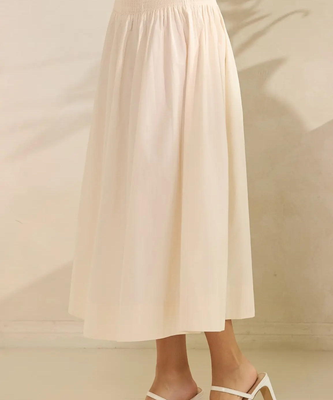 SMOCKED WAIST POPLIN MAXI SKIRT