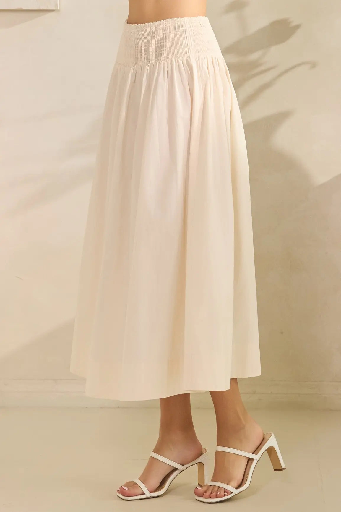 SMOCKED WAIST POPLIN MAXI SKIRT