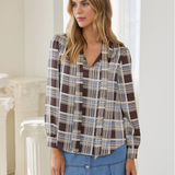 Plaid Tie Neck Blouse