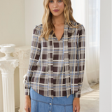 Plaid Tie Neck Blouse