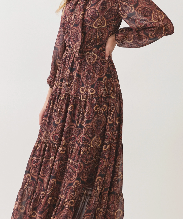 Paisley Print Tie Neck Maxi Dress