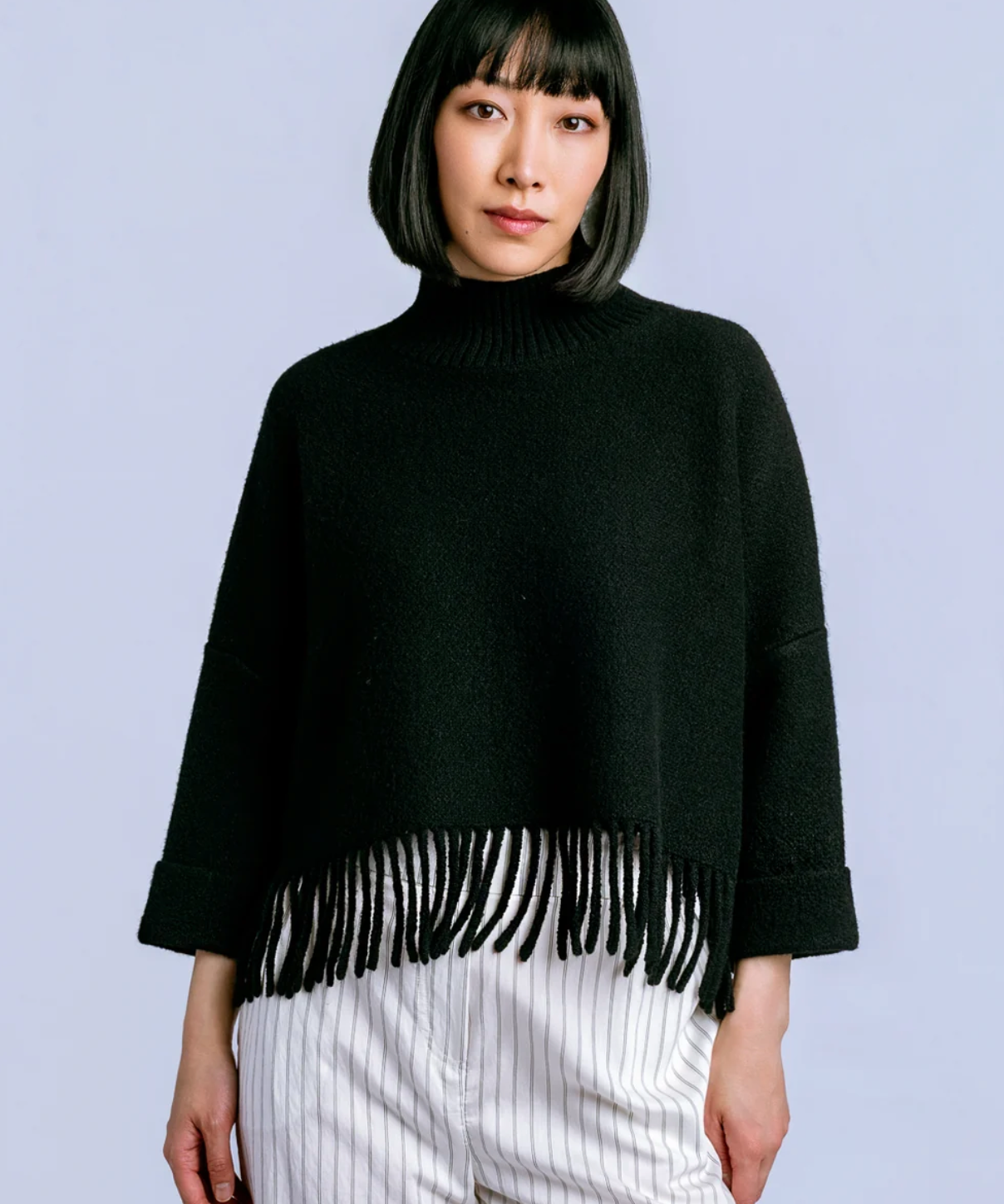 FRINGE MOCK NECK SWEAER