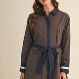 BUTTON DOWN TIE STRIPED MINI DRESS