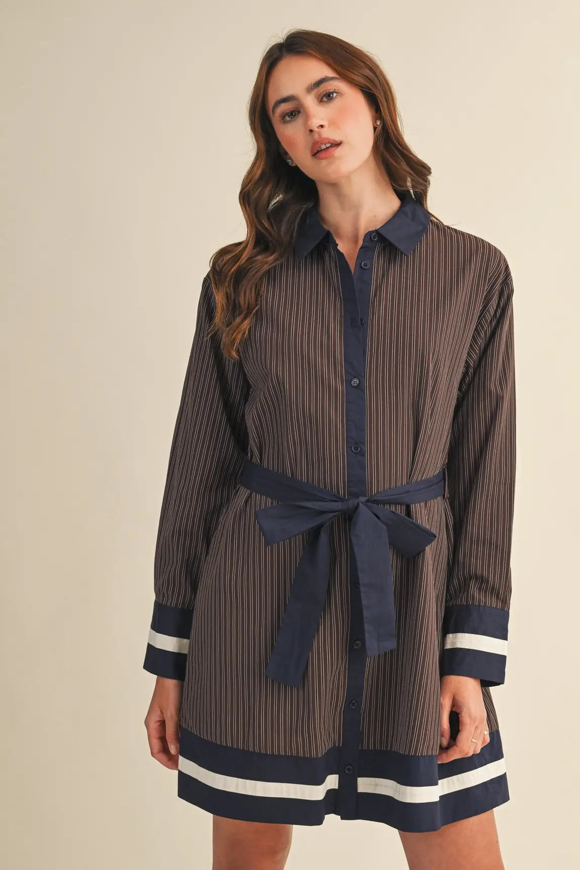 BUTTON DOWN TIE STRIPED MINI DRESS