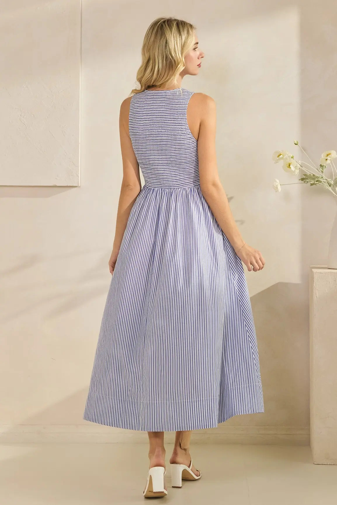 SLVLESS STRIPED SMOCKED MAXI DRESS