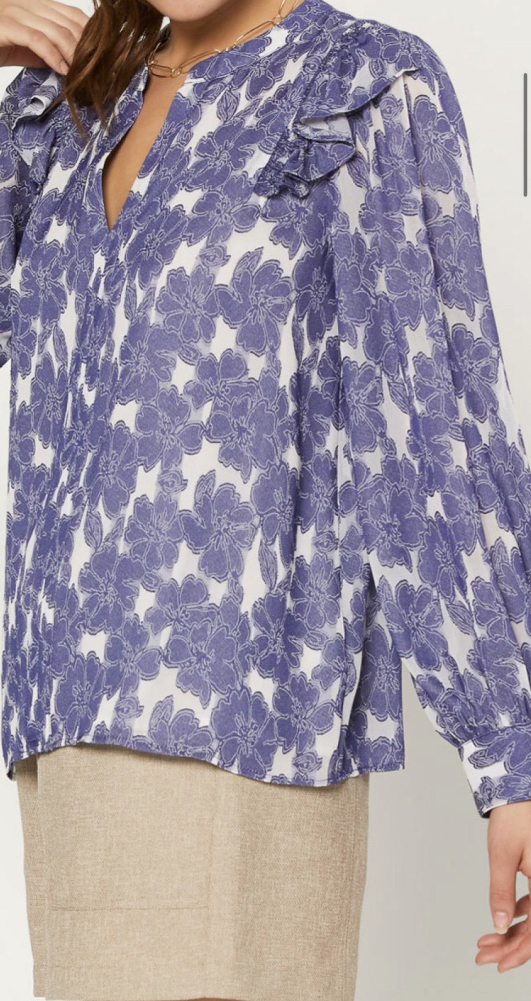 SPLIT NECK TOP WITH RUFFLE SHOULDER