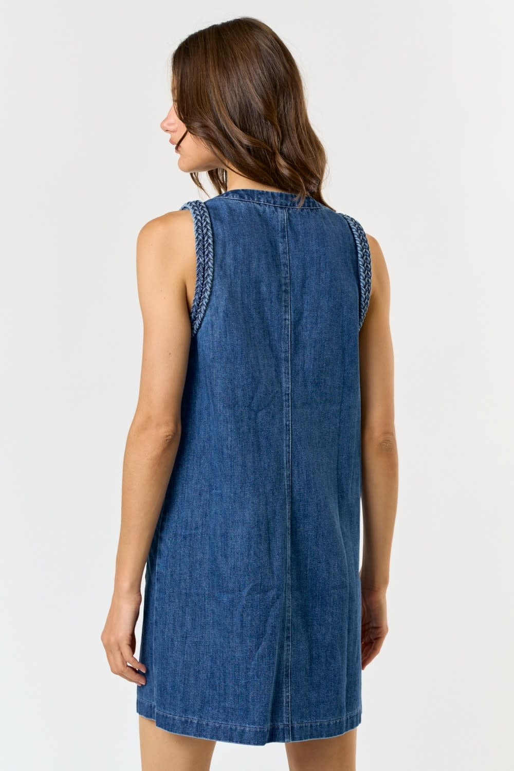 SLVLESS DENIM DRESS W/BRAIDED DETAIL
