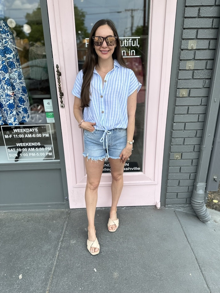 RAYLIE STRIPED DRAWSTRING WAIST TOP