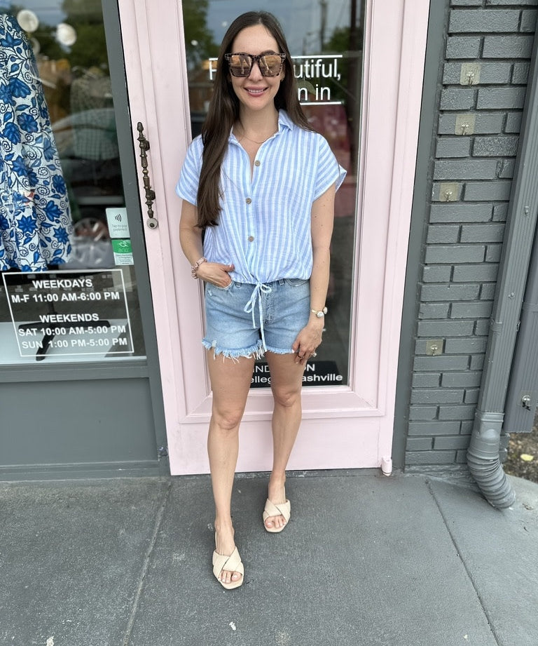 RAYLIE STRIPED DRAWSTRING WAIST TOP