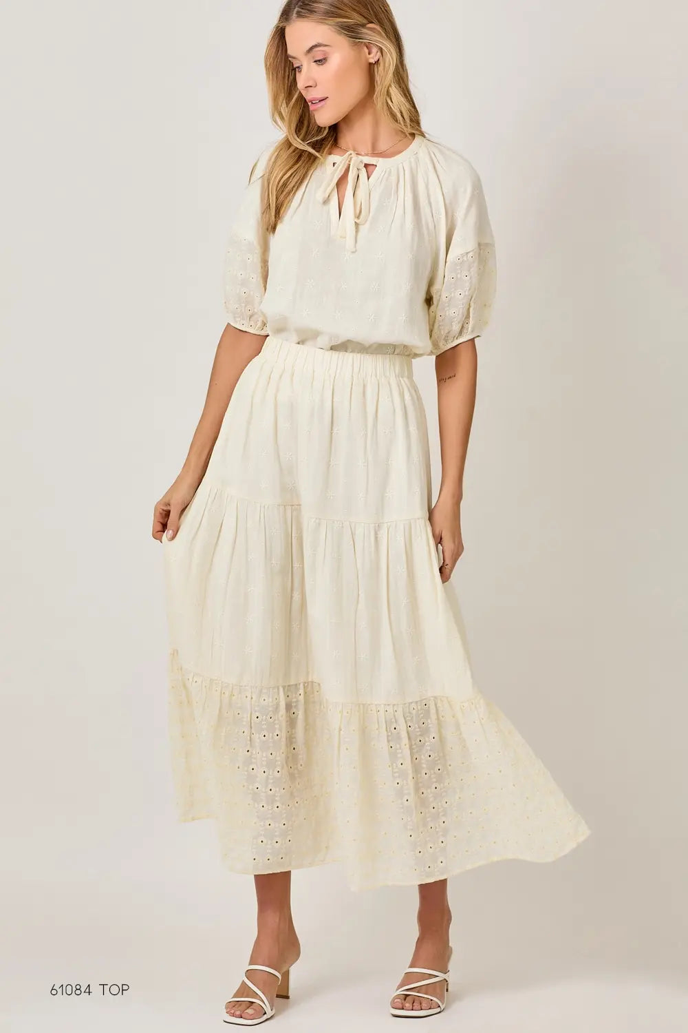 EMBROIDERED EYELET TIERED SKIRT