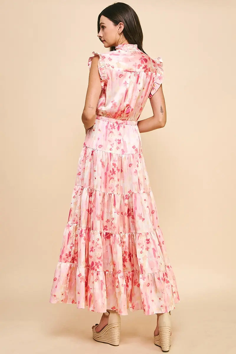 SATIN TIERED PRINTED MAXI DRESS